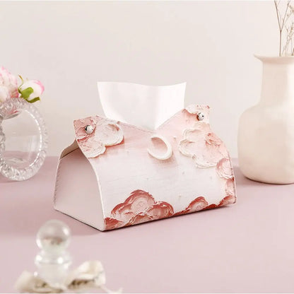 Aesthetic Leather Pink Tissue Case Large Storage Oil Painting Paper Towel Box Creative Durable Napkin Holder Home